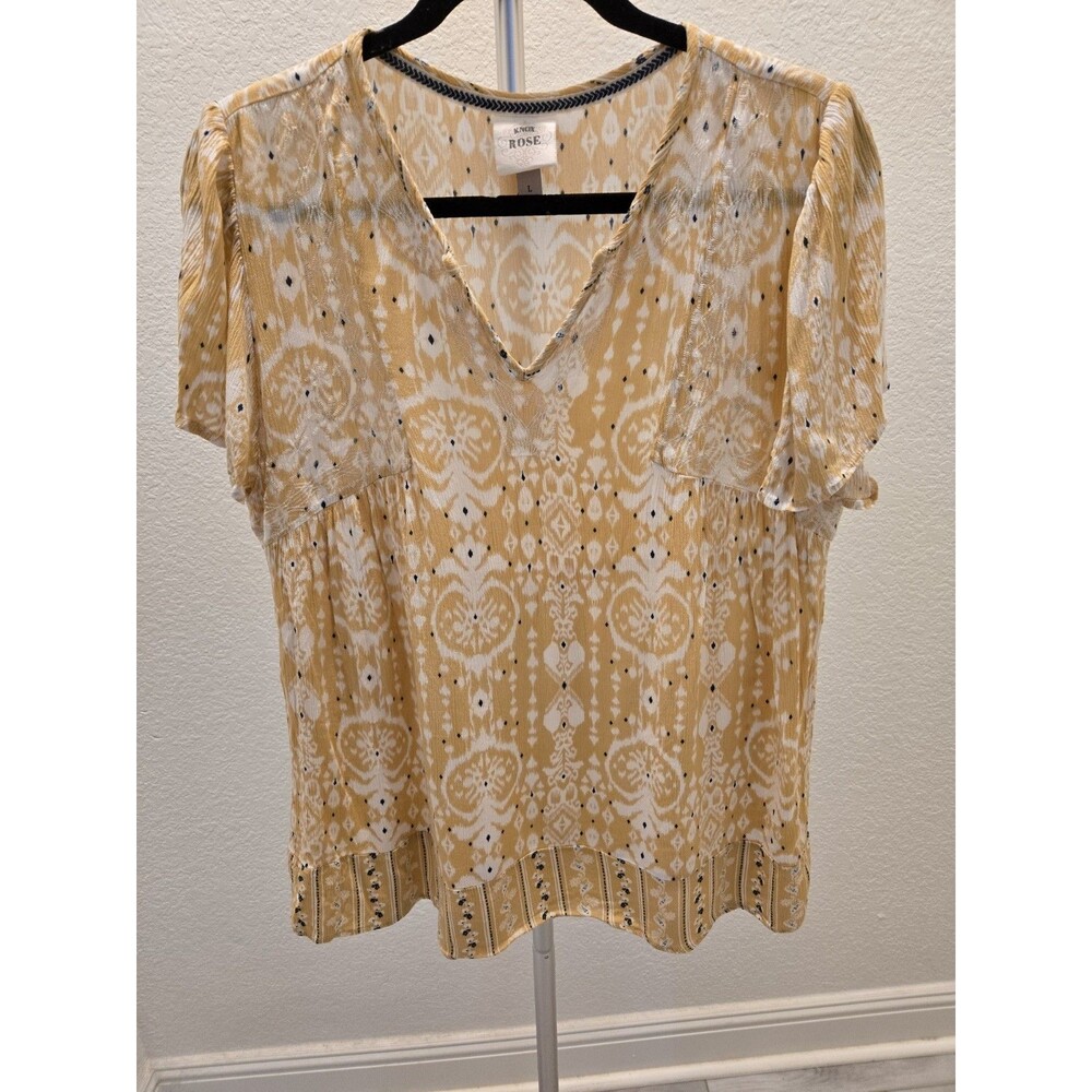 Knox Rose Large Ikat Medallion V Neck Flutter Sleeve Babydoll Blouse